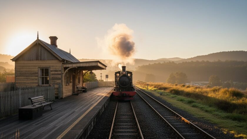 An epic, cinematic wide-angle shot of the historic Gembrook railway station, bathed in the soft glow of a sunrise, showcasing its unique heritage station architecture photography with the iconic Puffing Billy steam train gently steaming in the background.