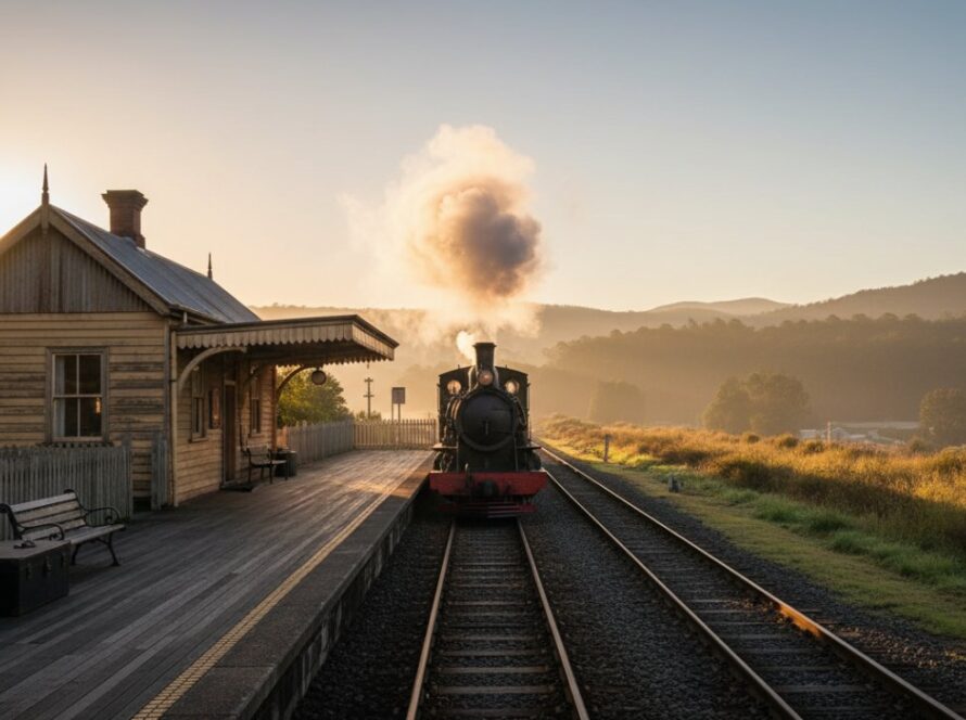 An epic, cinematic wide-angle shot of the historic Gembrook railway station, bathed in the soft glow of a sunrise, showcasing its unique heritage station architecture photography with the iconic Puffing Billy steam train gently steaming in the background.