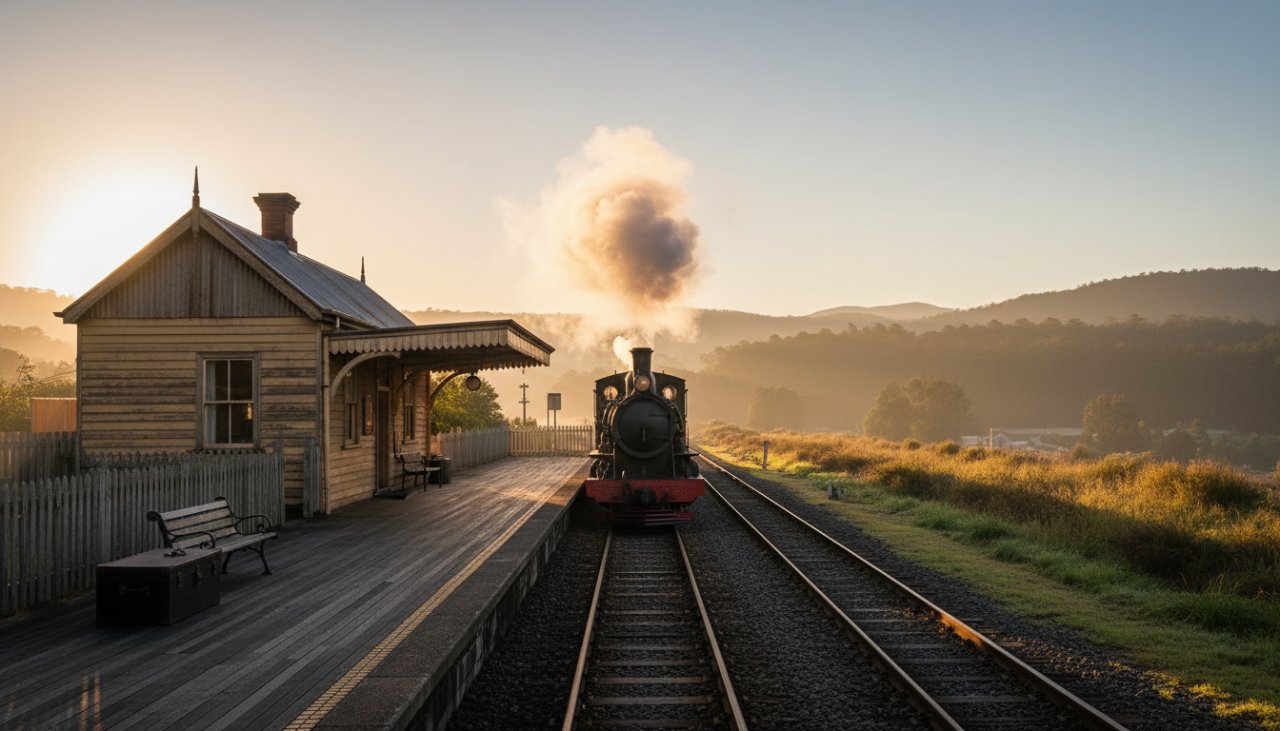 An epic, cinematic wide-angle shot of the historic Gembrook railway station, bathed in the soft glow of a sunrise, showcasing its unique heritage station architecture photography with the iconic Puffing Billy steam train gently steaming in the background.
