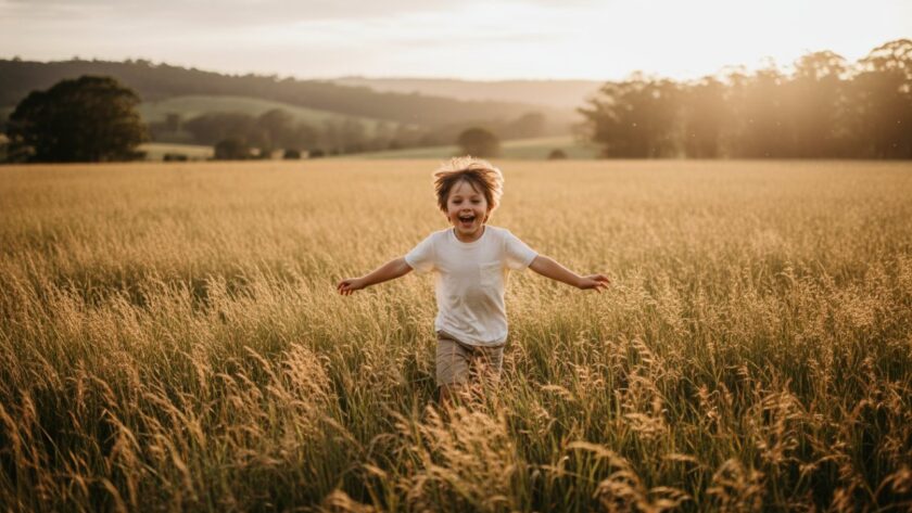 An epic moment of a child laughing joyfully during a Gembrook Kids Photography Outdoor Adventure session, running through sun-dappled tall grass near a lush forest, with golden hour light illuminating their hair and a sense of carefree wonder.