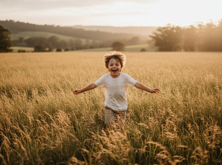 An epic moment of a child laughing joyfully during a Gembrook Kids Photography Outdoor Adventure session, running through sun-dappled tall grass near a lush forest, with golden hour light illuminating their hair and a sense of carefree wonder.