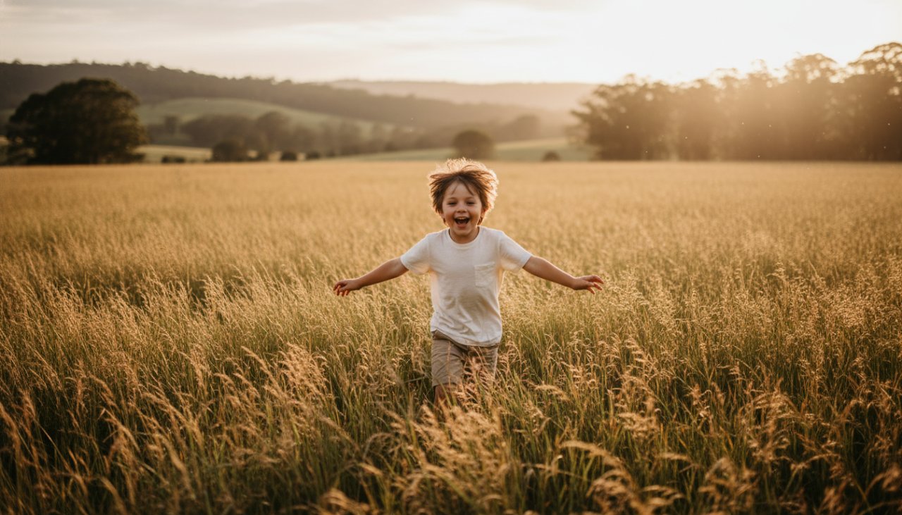 An epic moment of a child laughing joyfully during a Gembrook Kids Photography Outdoor Adventure session, running through sun-dappled tall grass near a lush forest, with golden hour light illuminating their hair and a sense of carefree wonder.