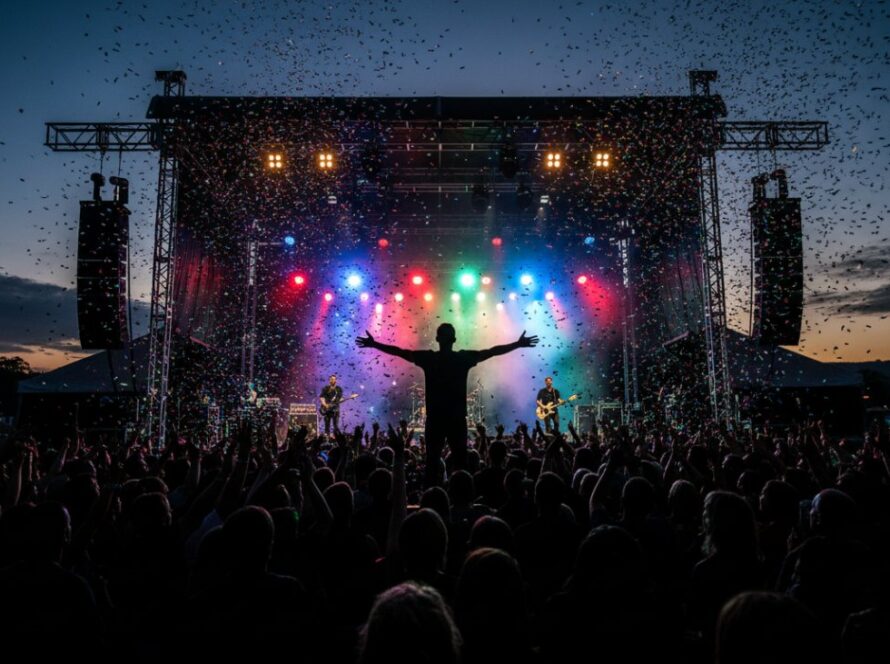 A wide shot of an energetic band performing on stage at a Gembrook outdoor venue, bathed in dynamic stage lights, capturing the thrilling atmosphere of Gembrook live music event photography, with the lead singer mid-song, confetti in the air, and an enthusiastic crowd silhouetted against the vibrant scene.