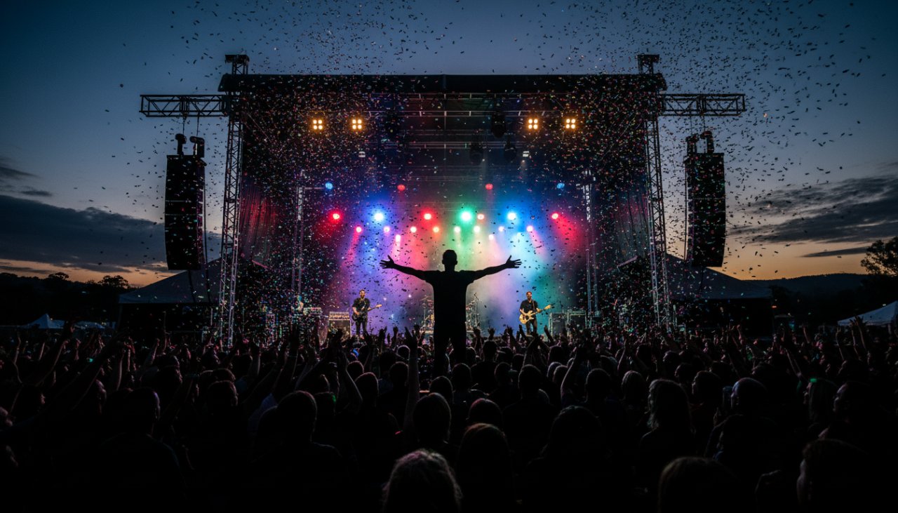 A wide shot of an energetic band performing on stage at a Gembrook outdoor venue, bathed in dynamic stage lights, capturing the thrilling atmosphere of Gembrook live music event photography, with the lead singer mid-song, confetti in the air, and an enthusiastic crowd silhouetted against the vibrant scene.