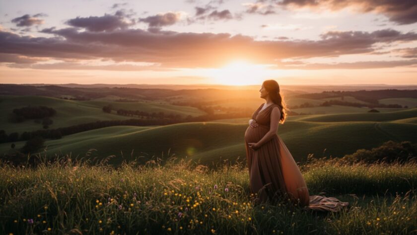 An ethereal Gembrook maternity photography capturing glowing mum-to-be at sunset in a vibrant wildflower field, the mother cradling her bump, bathed in golden light, evoking immense serenity and natural beauty.