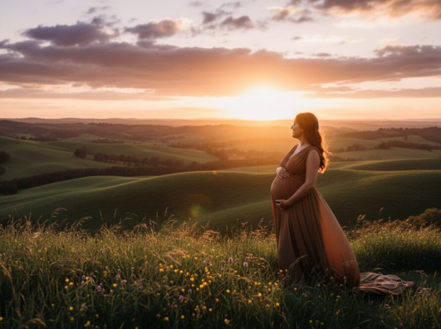 An ethereal Gembrook maternity photography capturing glowing mum-to-be at sunset in a vibrant wildflower field, the mother cradling her bump, bathed in golden light, evoking immense serenity and natural beauty.