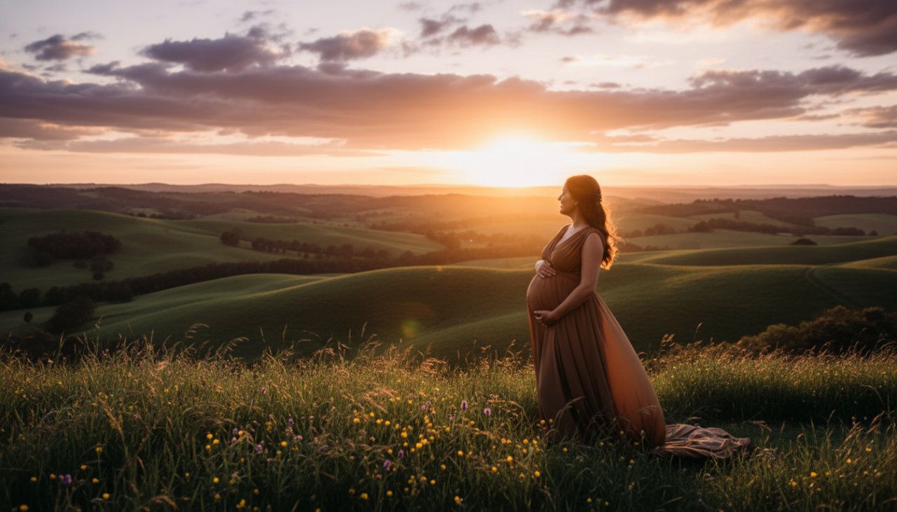 An ethereal Gembrook maternity photography capturing glowing mum-to-be at sunset in a vibrant wildflower field, the mother cradling her bump, bathed in golden light, evoking immense serenity and natural beauty.