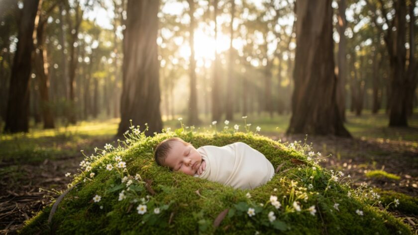 An ethereal Gembrook newborn photography fairytale portraits scene featuring a peacefully sleeping baby adorned with delicate floral elements, nestled amongst soft moss and sun-dappled ferns in a magical Gembrook forest clearing, capturing an epic, dreamlike moment.
