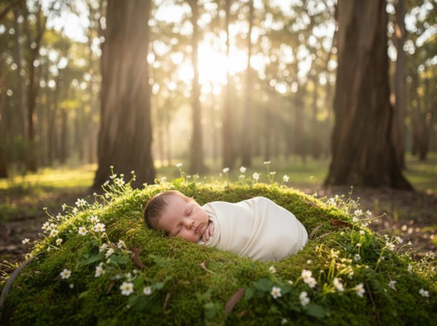 An ethereal Gembrook newborn photography fairytale portraits scene featuring a peacefully sleeping baby adorned with delicate floral elements, nestled amongst soft moss and sun-dappled ferns in a magical Gembrook forest clearing, capturing an epic, dreamlike moment.