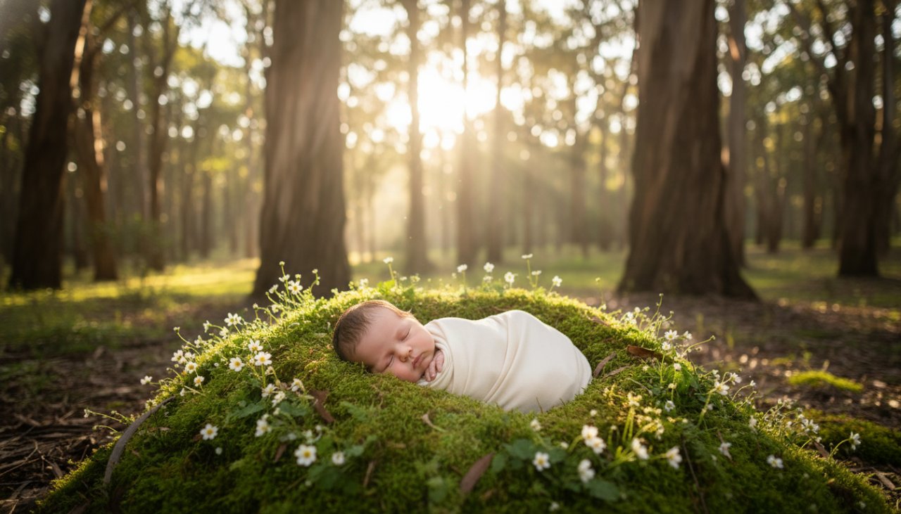 An ethereal Gembrook newborn photography fairytale portraits scene featuring a peacefully sleeping baby adorned with delicate floral elements, nestled amongst soft moss and sun-dappled ferns in a magical Gembrook forest clearing, capturing an epic, dreamlike moment.