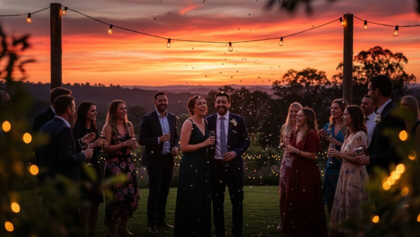 An epic moment of joyful guests laughing and dancing under twinkling fairy lights at a rustic Gembrook venue, perfectly captured by Gembrook Party Photography Capturing Celebrations, showcasing the vibrant atmosphere of a memorable celebration.