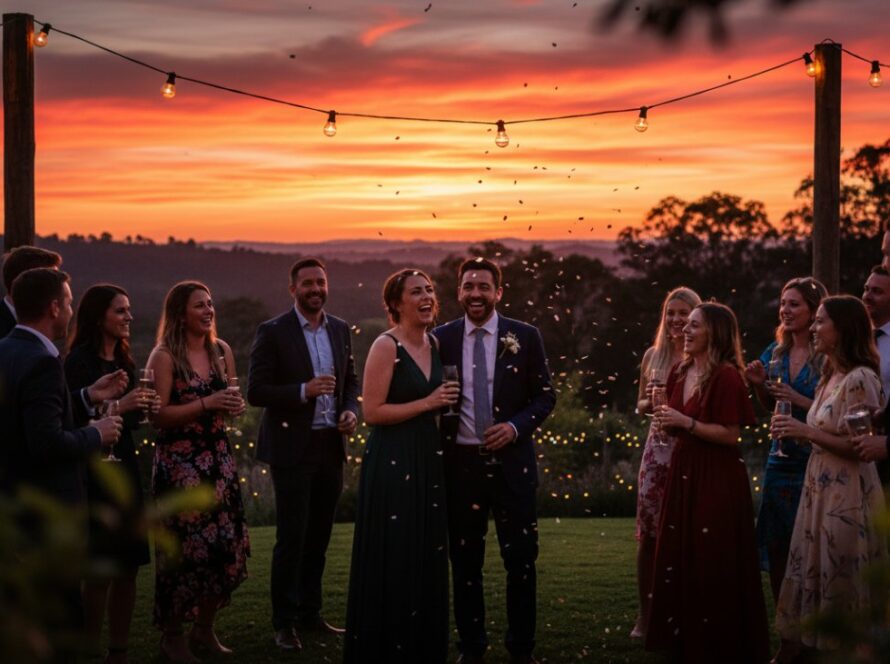 An epic moment of joyful guests laughing and dancing under twinkling fairy lights at a rustic Gembrook venue, perfectly captured by Gembrook Party Photography Capturing Celebrations, showcasing the vibrant atmosphere of a memorable celebration.