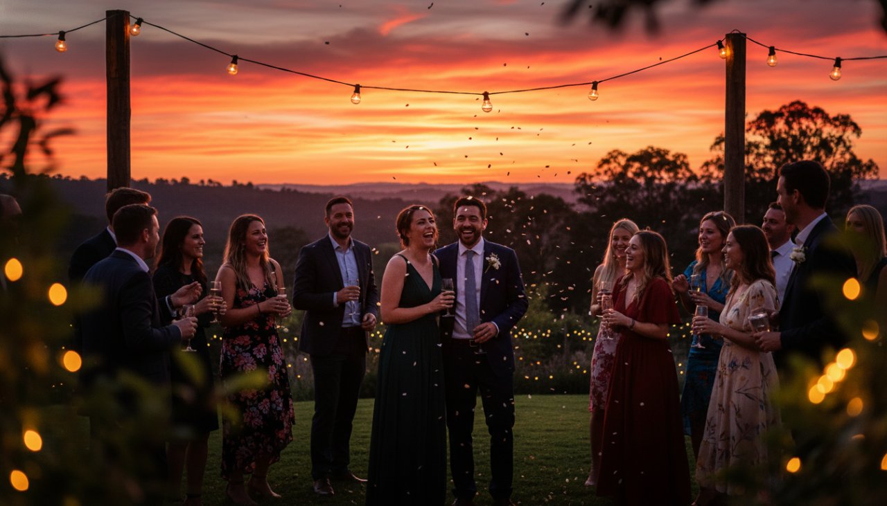 An epic moment of joyful guests laughing and dancing under twinkling fairy lights at a rustic Gembrook venue, perfectly captured by Gembrook Party Photography Capturing Celebrations, showcasing the vibrant atmosphere of a memorable celebration.