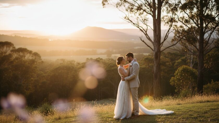 A newlywed couple sharing an intimate, joyous kiss amidst the vibrant, sun-dappled foliage of a Gembrook rustic wedding photography moments, capturing their genuine love with a golden hour glow.