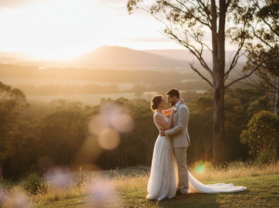 A newlywed couple sharing an intimate, joyous kiss amidst the vibrant, sun-dappled foliage of a Gembrook rustic wedding photography moments, capturing their genuine love with a golden hour glow.