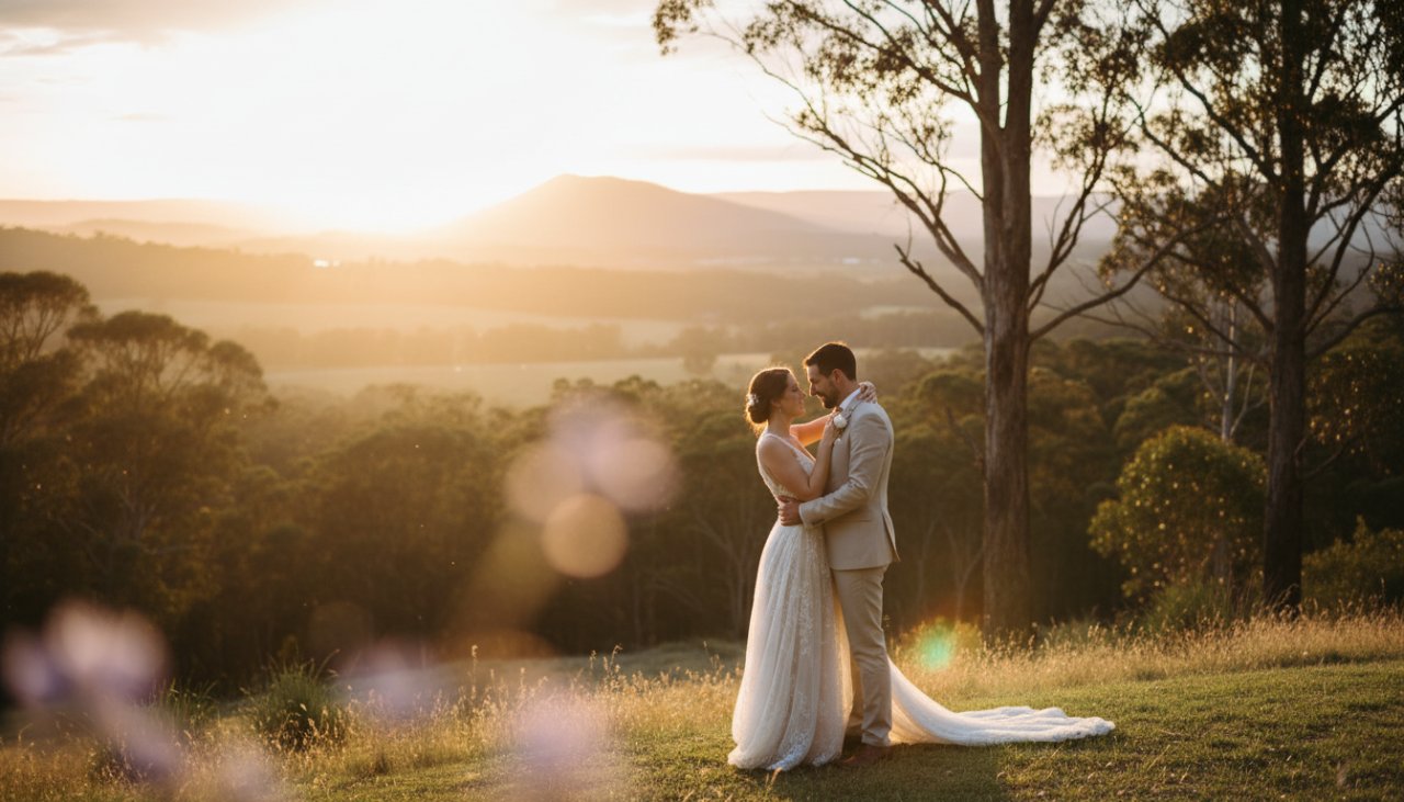A newlywed couple sharing an intimate, joyous kiss amidst the vibrant, sun-dappled foliage of a Gembrook rustic wedding photography moments, capturing their genuine love with a golden hour glow.