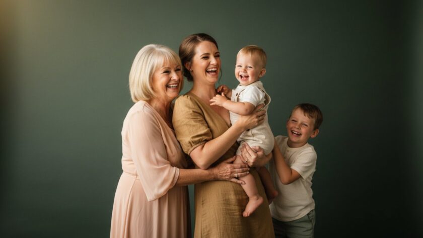 An emotional wide shot of a multi-generational family, elegantly dressed, laughing genuinely during a Gembrook Studio Photography for Timeless Family Portraits session, bathed in warm, soft studio light, capturing a truly timeless connection.