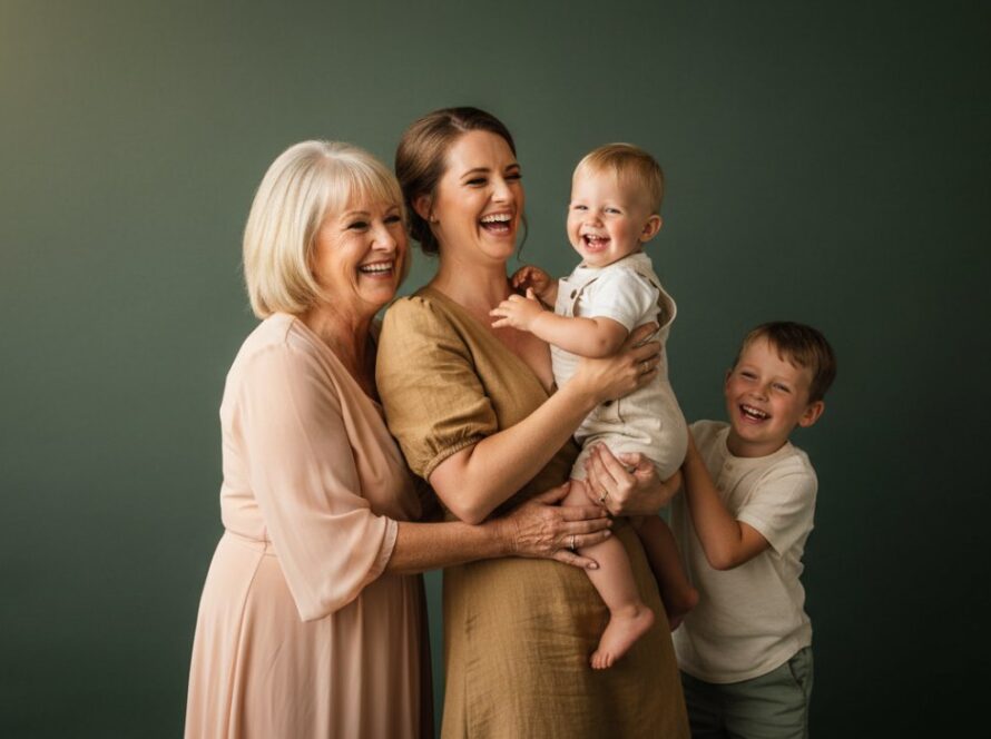 An emotional wide shot of a multi-generational family, elegantly dressed, laughing genuinely during a Gembrook Studio Photography for Timeless Family Portraits session, bathed in warm, soft studio light, capturing a truly timeless connection.
