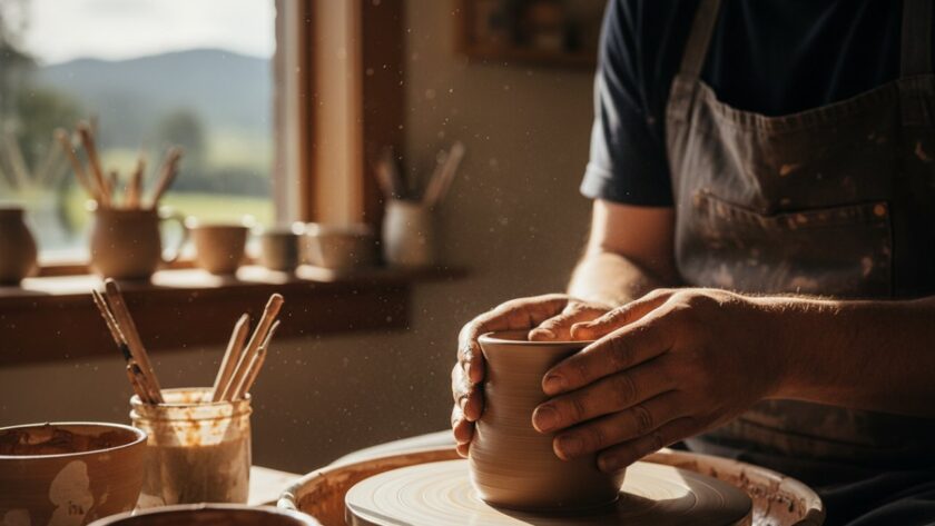 An epic, cinematic shot of a handcrafted artisan product, possibly a local Gembrook jam or pottery, dramatically lit against a backdrop hinting at the lush Dandenong Ranges, embodying Gembrook Victoria bespoke advertising photography for local businesses, showcasing quality and local charm.