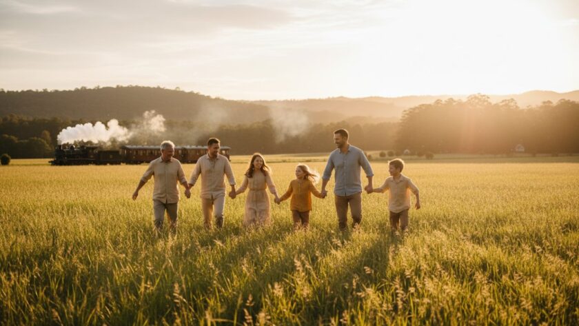 An aerial perspective of a multi-generational family joyfully running through a sun-drenched field near Puffing Billy railway in Gembrook, Victoria, capturing their Gembrook Victoria family photography authentic moments with genuine laughter and connection, golden hour light, cinematic style.