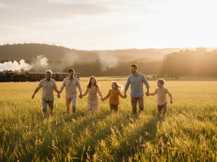 An aerial perspective of a multi-generational family joyfully running through a sun-drenched field near Puffing Billy railway in Gembrook, Victoria, capturing their Gembrook Victoria family photography authentic moments with genuine laughter and connection, golden hour light, cinematic style.