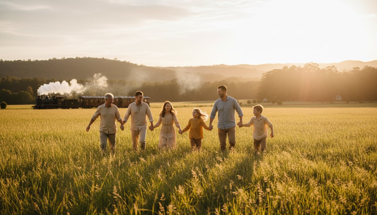 An aerial perspective of a multi-generational family joyfully running through a sun-drenched field near Puffing Billy railway in Gembrook, Victoria, capturing their Gembrook Victoria family photography authentic moments with genuine laughter and connection, golden hour light, cinematic style.