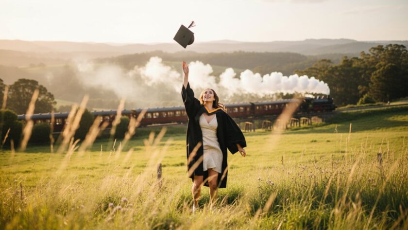 An epic moment of a smiling graduate, cap thrown high, silhouetted against a golden Gembrook sunset, celebrating their achievement. Gembrook Victoria graduation photography capturing joy.