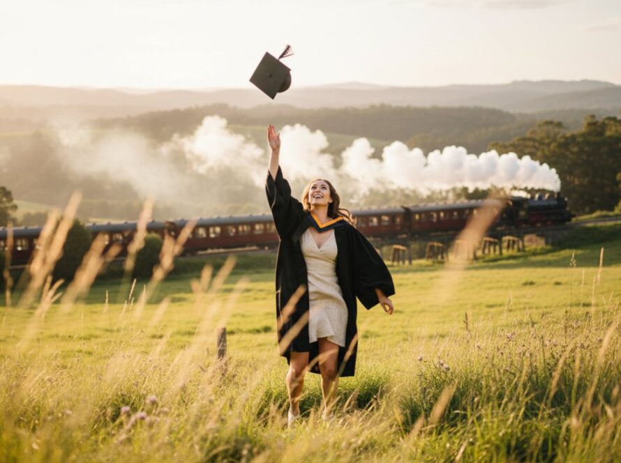 An epic moment of a smiling graduate, cap thrown high, silhouetted against a golden Gembrook sunset, celebrating their achievement. Gembrook Victoria graduation photography capturing joy.