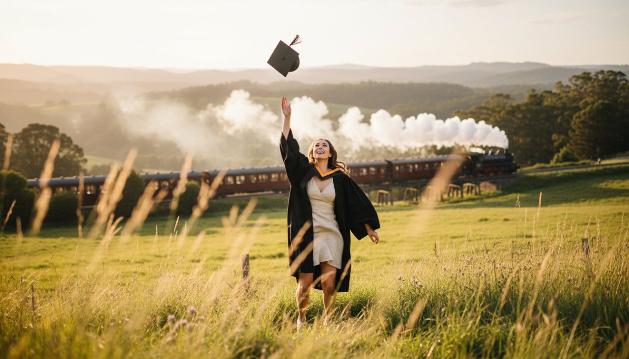 An epic moment of a smiling graduate, cap thrown high, silhouetted against a golden Gembrook sunset, celebrating their achievement. Gembrook Victoria graduation photography capturing joy.