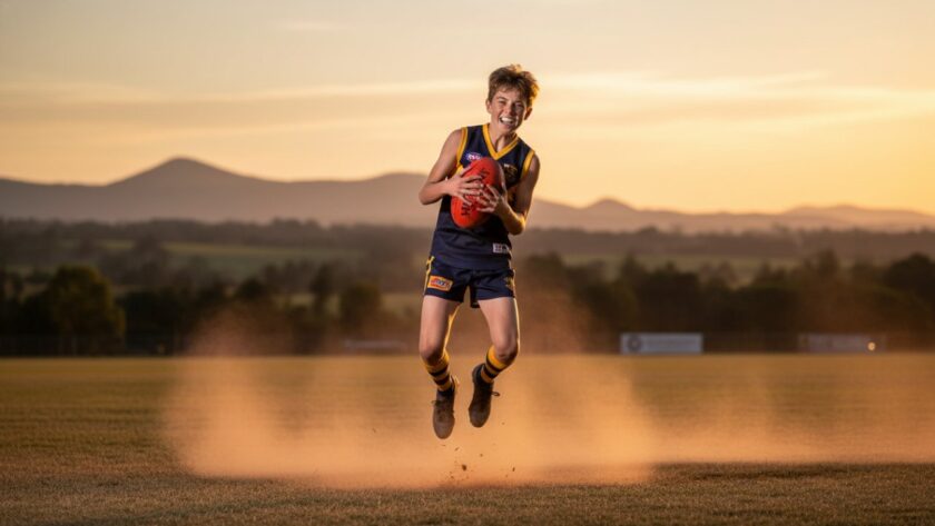 A dynamic shot capturing an epic moment in Gembrook Youth Sports Photography, showing a young athlete mid-air scoring a goal against the picturesque Gembrook landscape at sunset, emphasizing their determination and the thrill of the game.
