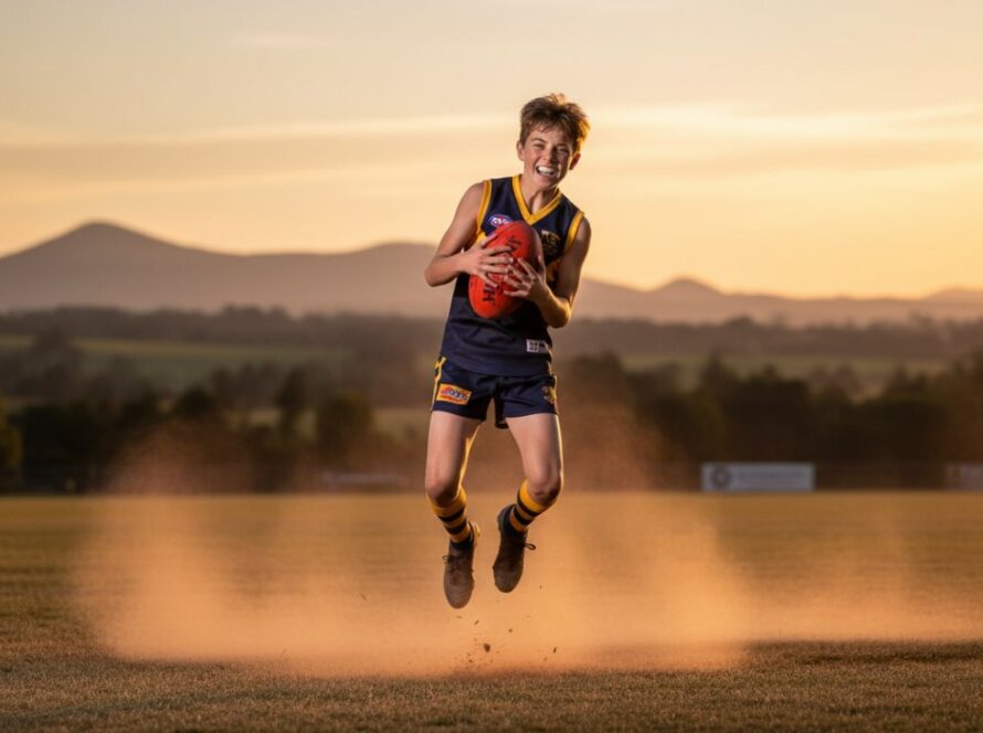 A dynamic shot capturing an epic moment in Gembrook Youth Sports Photography, showing a young athlete mid-air scoring a goal against the picturesque Gembrook landscape at sunset, emphasizing their determination and the thrill of the game.