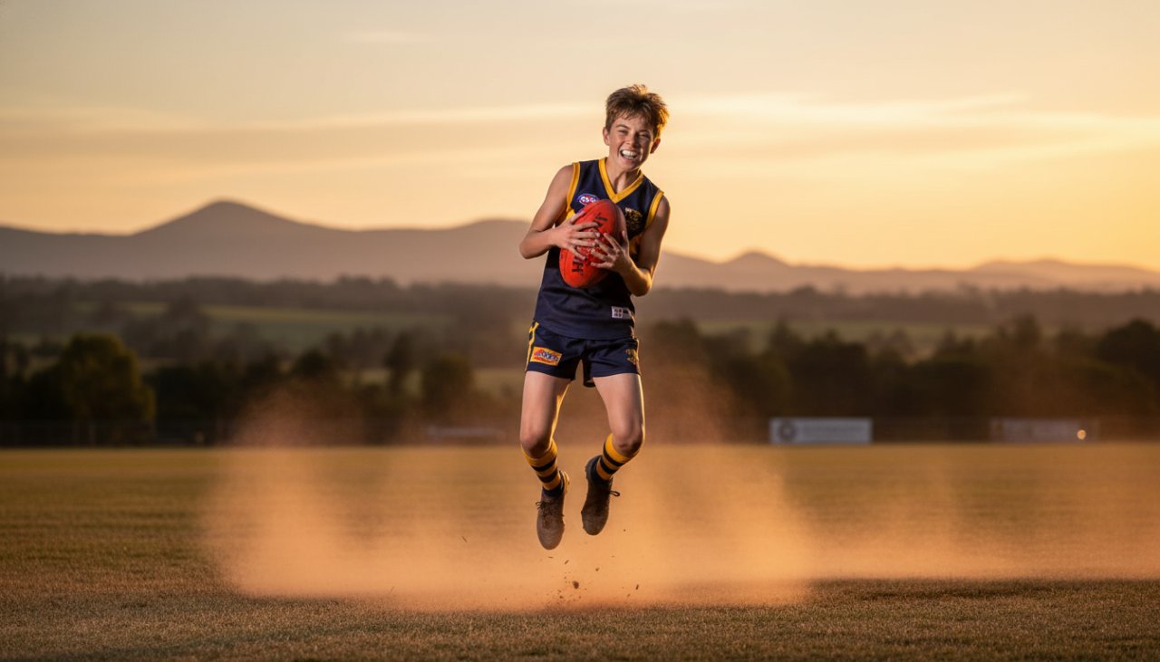 A dynamic shot capturing an epic moment in Gembrook Youth Sports Photography, showing a young athlete mid-air scoring a goal against the picturesque Gembrook landscape at sunset, emphasizing their determination and the thrill of the game.
