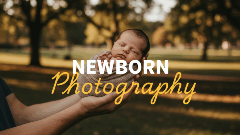 A moody, cinematic street photography style image capturing a tender moment during a gentle newborn photography Chirnside Park session, with 'Newborn Photography' title overlay.