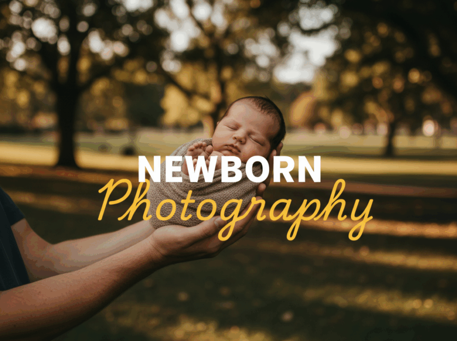 A moody, cinematic street photography style image capturing a tender moment during a gentle newborn photography Chirnside Park session, with 'Newborn Photography' title overlay.