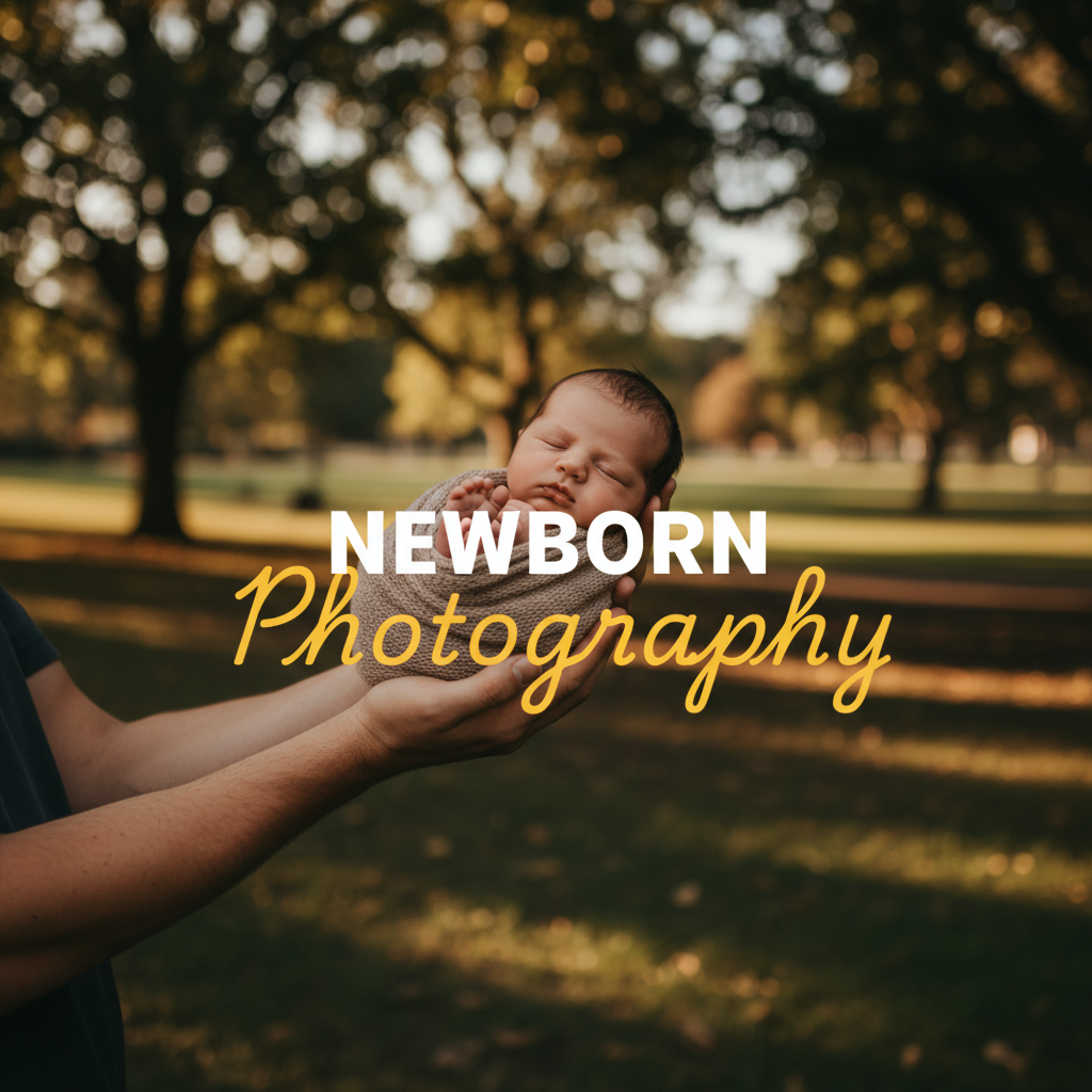 A moody, cinematic street photography style image capturing a tender moment during a gentle newborn photography Chirnside Park session, with 'Newborn Photography' title overlay.
