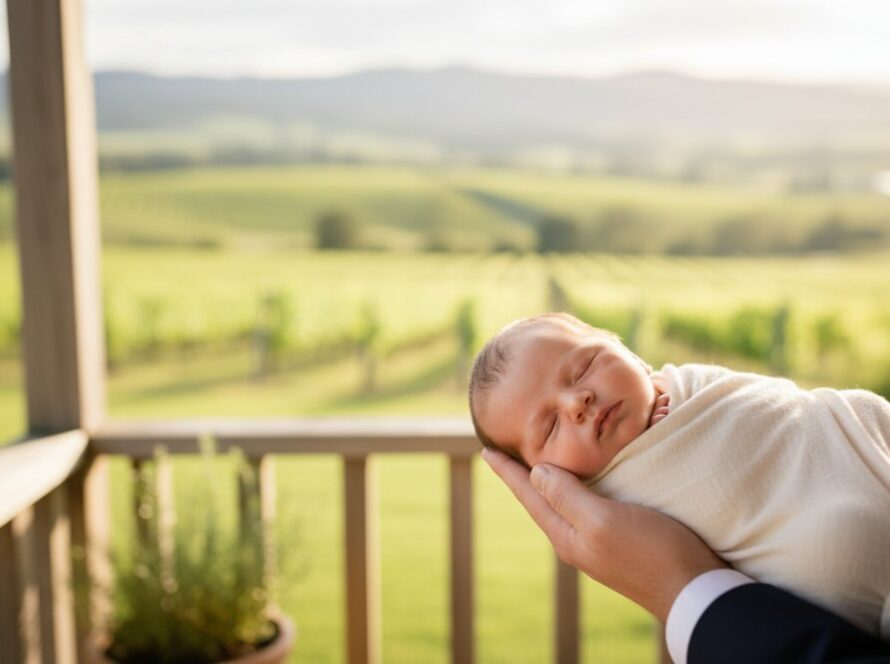 An emotionally resonant "epic moment" photograph depicting gentle newborn photography for Gruyere Valley families, with a tiny baby sleeping peacefully in a rustic, softly lit wooden bassinet, surrounded by natural, earthy textures.