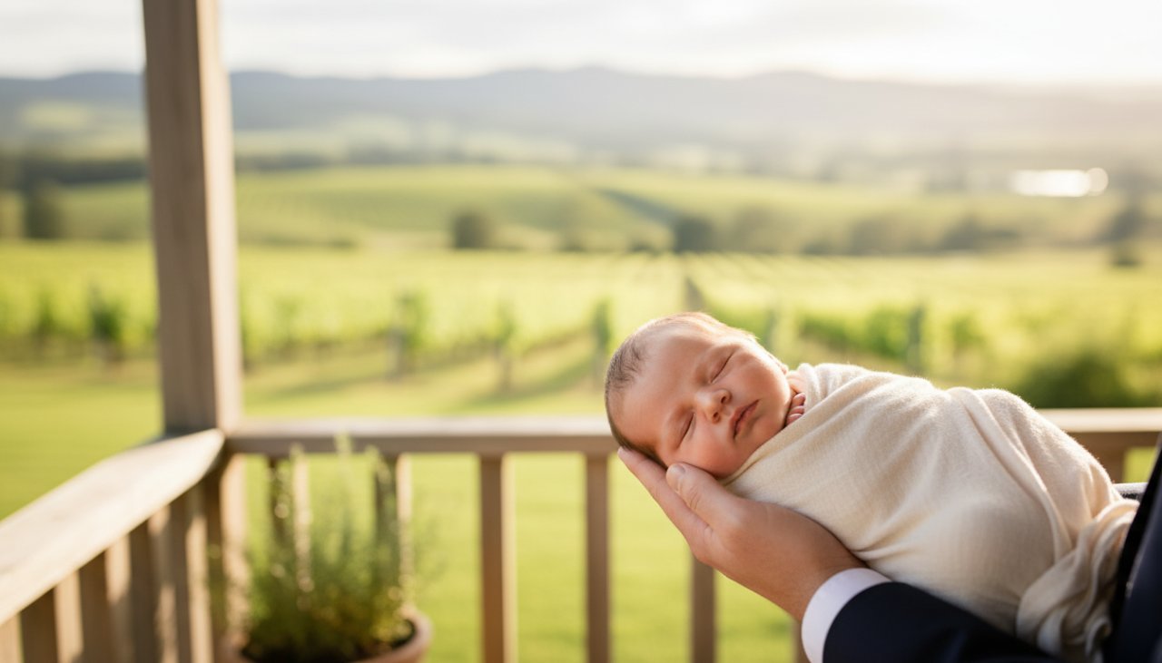 An emotionally resonant "epic moment" photograph depicting gentle newborn photography for Gruyere Valley families, with a tiny baby sleeping peacefully in a rustic, softly lit wooden bassinet, surrounded by natural, earthy textures.