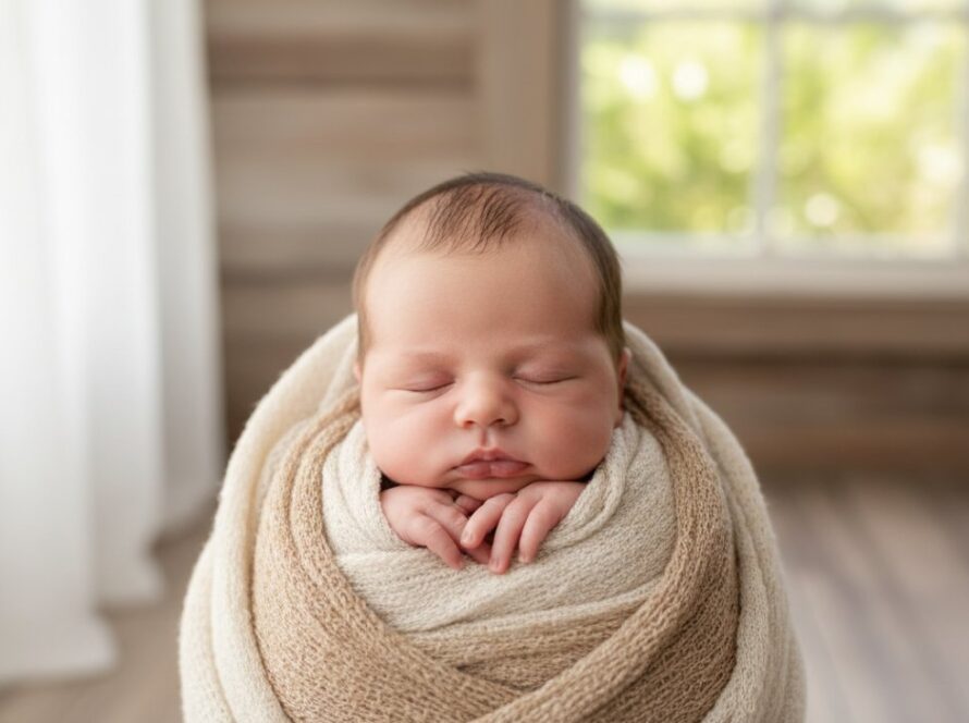 An 'epic moment' style photograph showing a newborn baby wrapped in a soft, cream swaddle, gently cradled in their parent's hands, with the serene, natural light of a Tyabb, rural Victoria studio softly illuminating them, embodying gentle newborn photography Tyabb rural Victoria.