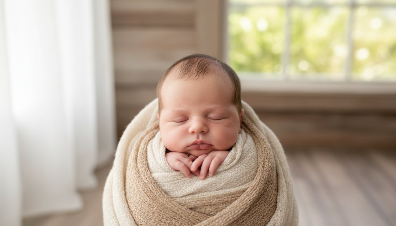 An 'epic moment' style photograph showing a newborn baby wrapped in a soft, cream swaddle, gently cradled in their parent's hands, with the serene, natural light of a Tyabb, rural Victoria studio softly illuminating them, embodying gentle newborn photography Tyabb rural Victoria.