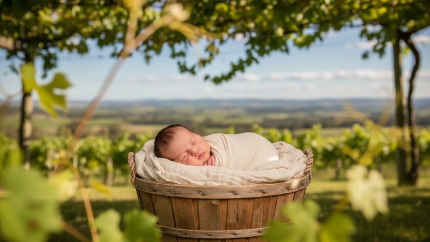 An epic moment captured: a serene baby wrapped in soft linen, gently nestled amidst a sun-drenched Yarra Glen vineyard, bathed in ethereal, golden hour light, embodying gentle newborn photography Yarra Glen vineyard light.