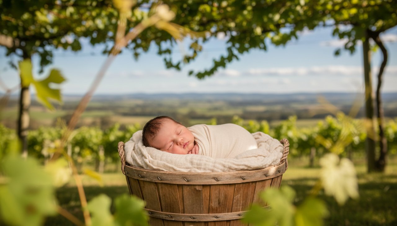 An epic moment captured: a serene baby wrapped in soft linen, gently nestled amidst a sun-drenched Yarra Glen vineyard, bathed in ethereal, golden hour light, embodying gentle newborn photography Yarra Glen vineyard light.