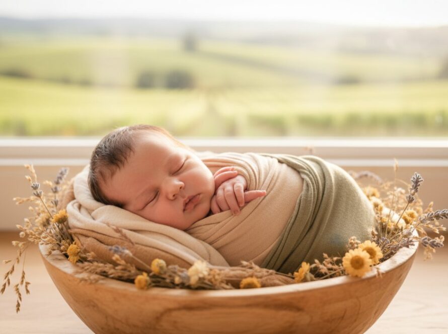 An angelic, close-up photograph capturing the peaceful sleep of a newborn baby in a rustic, beautifully styled wooden prop, bathed in soft, ethereal natural light, embodying a gentle Tarrawarra newborn photography experience.