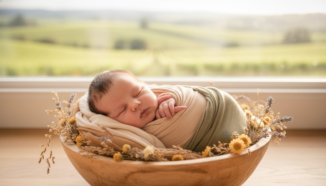 An angelic, close-up photograph capturing the peaceful sleep of a newborn baby in a rustic, beautifully styled wooden prop, bathed in soft, ethereal natural light, embodying a gentle Tarrawarra newborn photography experience.