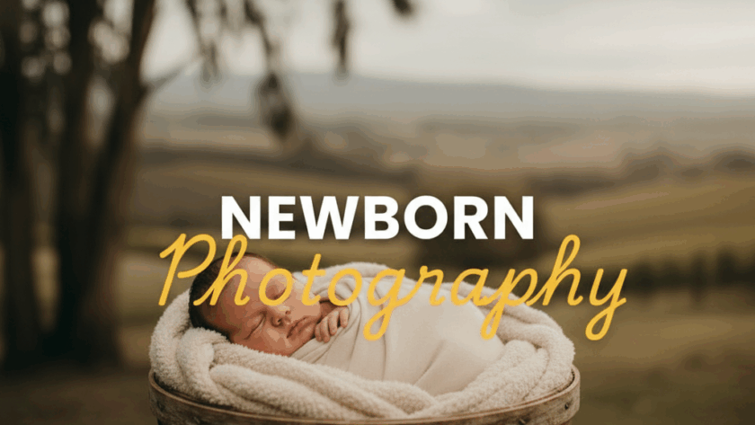 Atmospheric, moody street photography style image of a serene newborn baby in a rustic Yarra Valley setting, with 'NEWBORN' in bold white sans-serif and 'Photography' in elegant yellow cursive overlaid. The image captures the essence of gentle Yarra Valley newborn photography.
