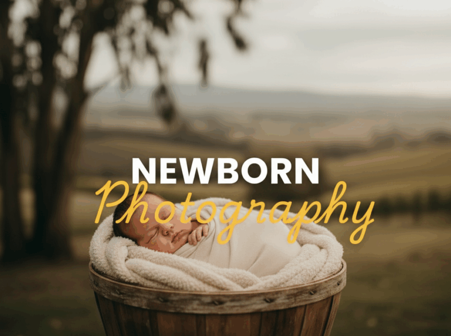 Atmospheric, moody street photography style image of a serene newborn baby in a rustic Yarra Valley setting, with 'NEWBORN' in bold white sans-serif and 'Photography' in elegant yellow cursive overlaid. The image captures the essence of gentle Yarra Valley newborn photography.