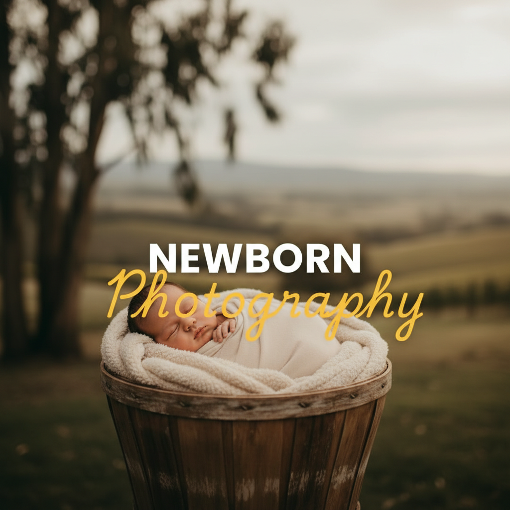 Atmospheric, moody street photography style image of a serene newborn baby in a rustic Yarra Valley setting, with 'NEWBORN' in bold white sans-serif and 'Photography' in elegant yellow cursive overlaid. The image captures the essence of gentle Yarra Valley newborn photography.