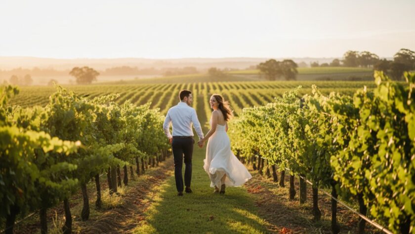 Genuine Candid Moments Photography Gruyere Victoria capturing a couple laughing joyfully amidst a sun-drenched vineyard at golden hour, a genuine, unposed expression of love and happiness.