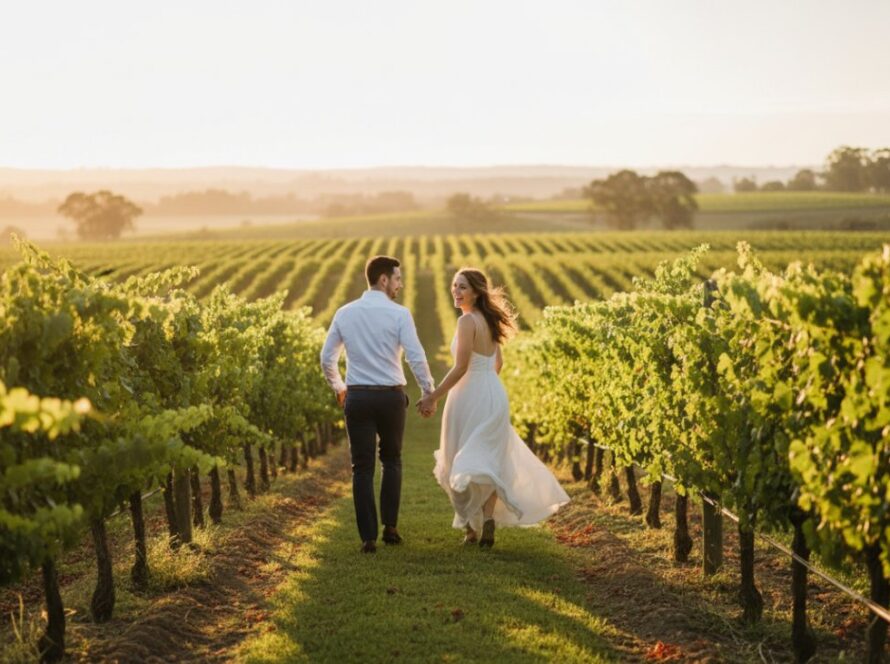 Genuine Candid Moments Photography Gruyere Victoria capturing a couple laughing joyfully amidst a sun-drenched vineyard at golden hour, a genuine, unposed expression of love and happiness.