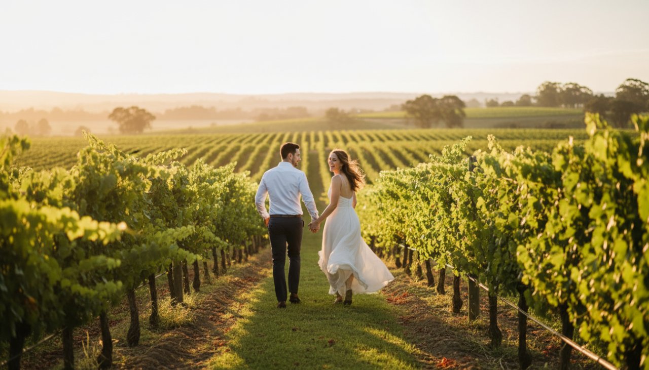 Genuine Candid Moments Photography Gruyere Victoria capturing a couple laughing joyfully amidst a sun-drenched vineyard at golden hour, a genuine, unposed expression of love and happiness.
