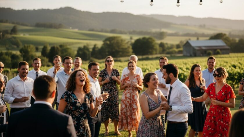 An epic moment of genuine event photography Seville East capturing joy: guests laughing heartily under twinkling fairy lights at a rustic outdoor reception, with the rolling hills of the Yarra Valley in the soft background, golden hour lighting.